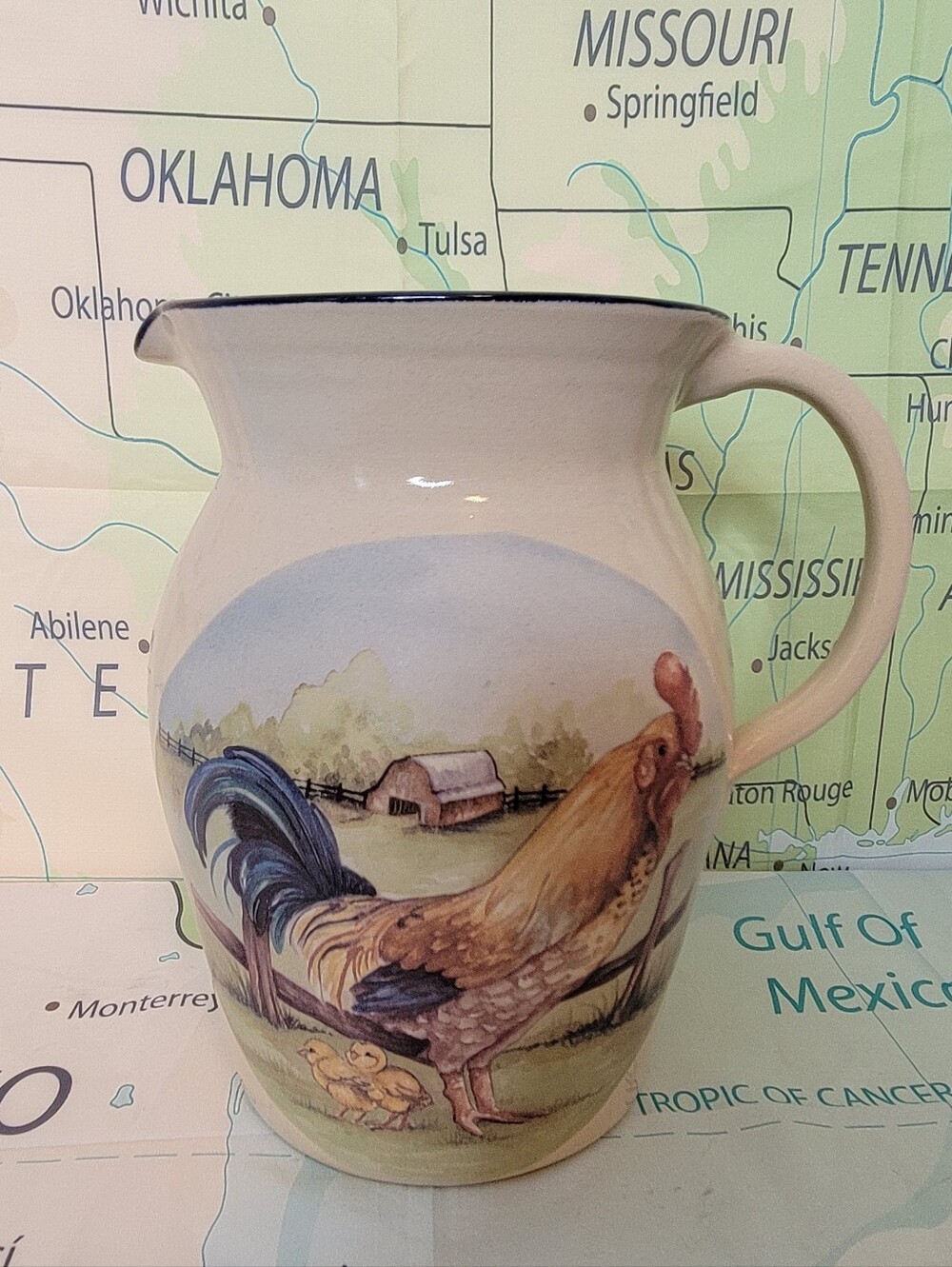 Marshal Pottery Hand-Painted Rooster Ceramic Pitcher - Cream and Blue